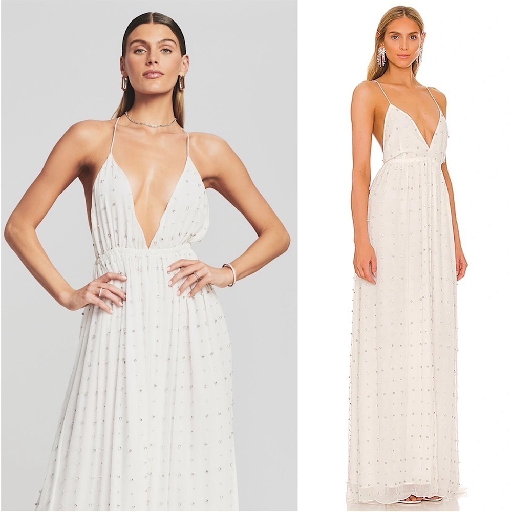 NWT RETROFETE Silk Crystal Embellished Open Back Sleeveless Plunge V-Neck Gown M